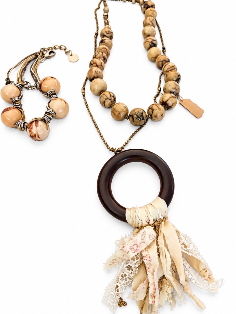 3 piece Boho Cream and Brown Beaded Tassel Pendant Necklaces & bracelet